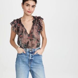 Ulla Johnson Marilyn Top Silk Coral Metallic Dot Ruffle Sleeve Blouse Size 8